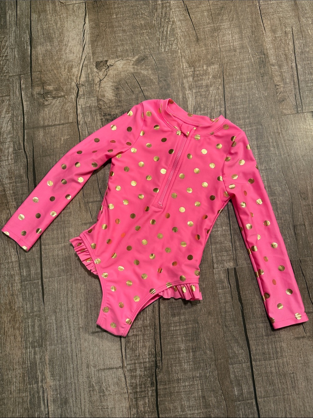 5/$15 wonder nation Hot Pink Long-Sleeve Rashguard with Gold Polka Dots size 3T